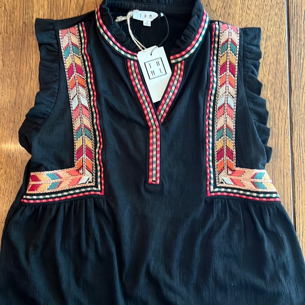 Adorable THML Black embroidered open neck ruffle collar and sleeve top
